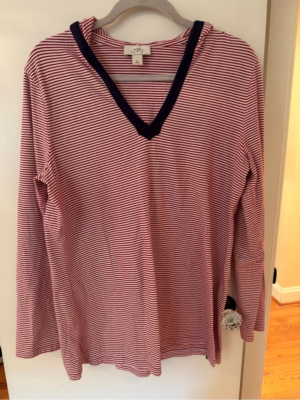 LOFT Pink and White Striped Long Sleeve V-Neck Top Hoodie with Navy Trim